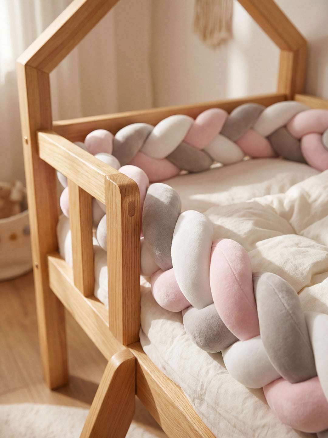 Gros plan sur l'installation d'un tour de lit serpent tressé dans l'angle d'un lit en bois naturel.