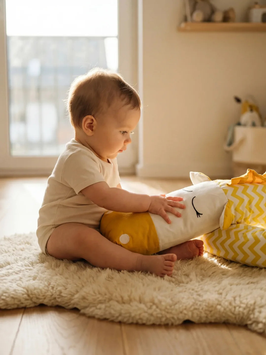 Bébé assis jouant avec tour de lit traversin motif chevron jaune