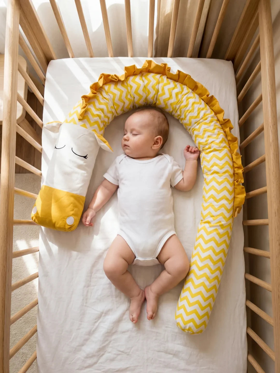 Bébé endormi dans lit avec tour de lit traversin chevron jaune et volants