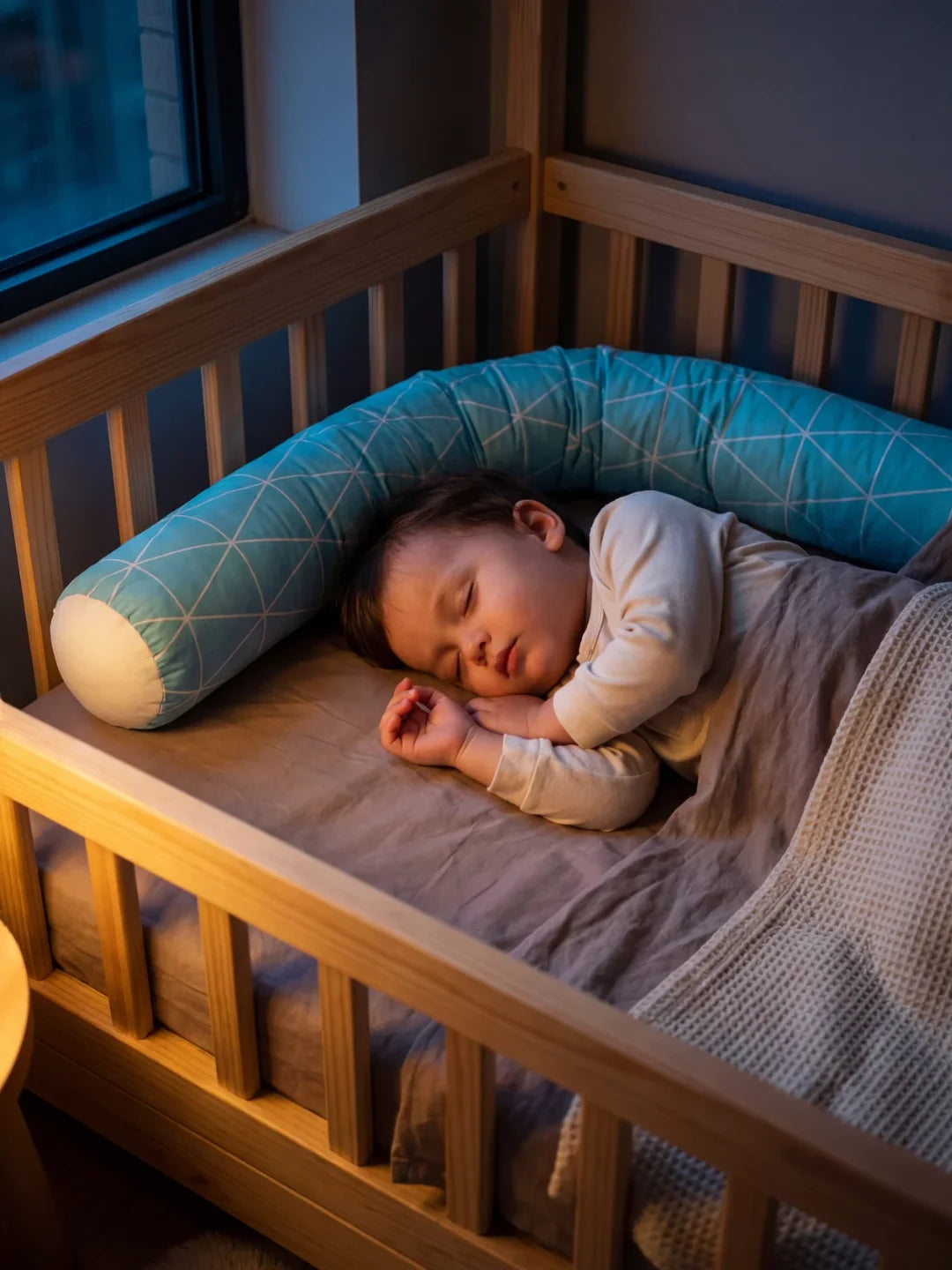 Bébé endormi dans lit en bois avec tour de lit traversin géométrique bleu