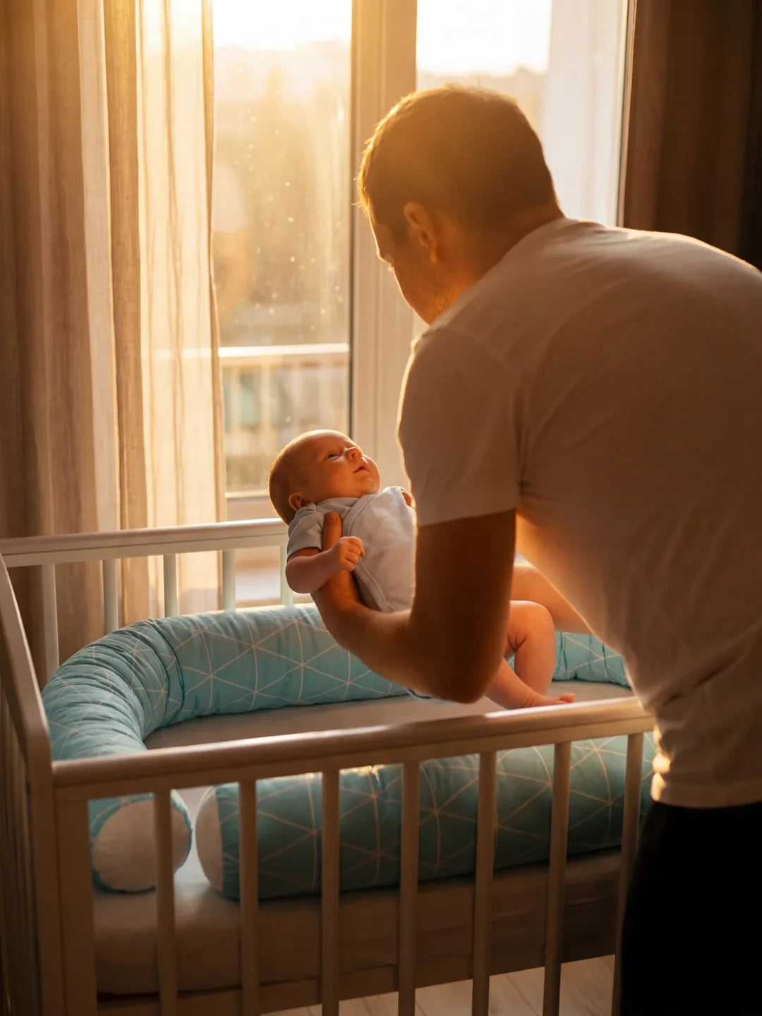 Papa posant bébé dans lit avec tour de lit traversin géométrique bleu