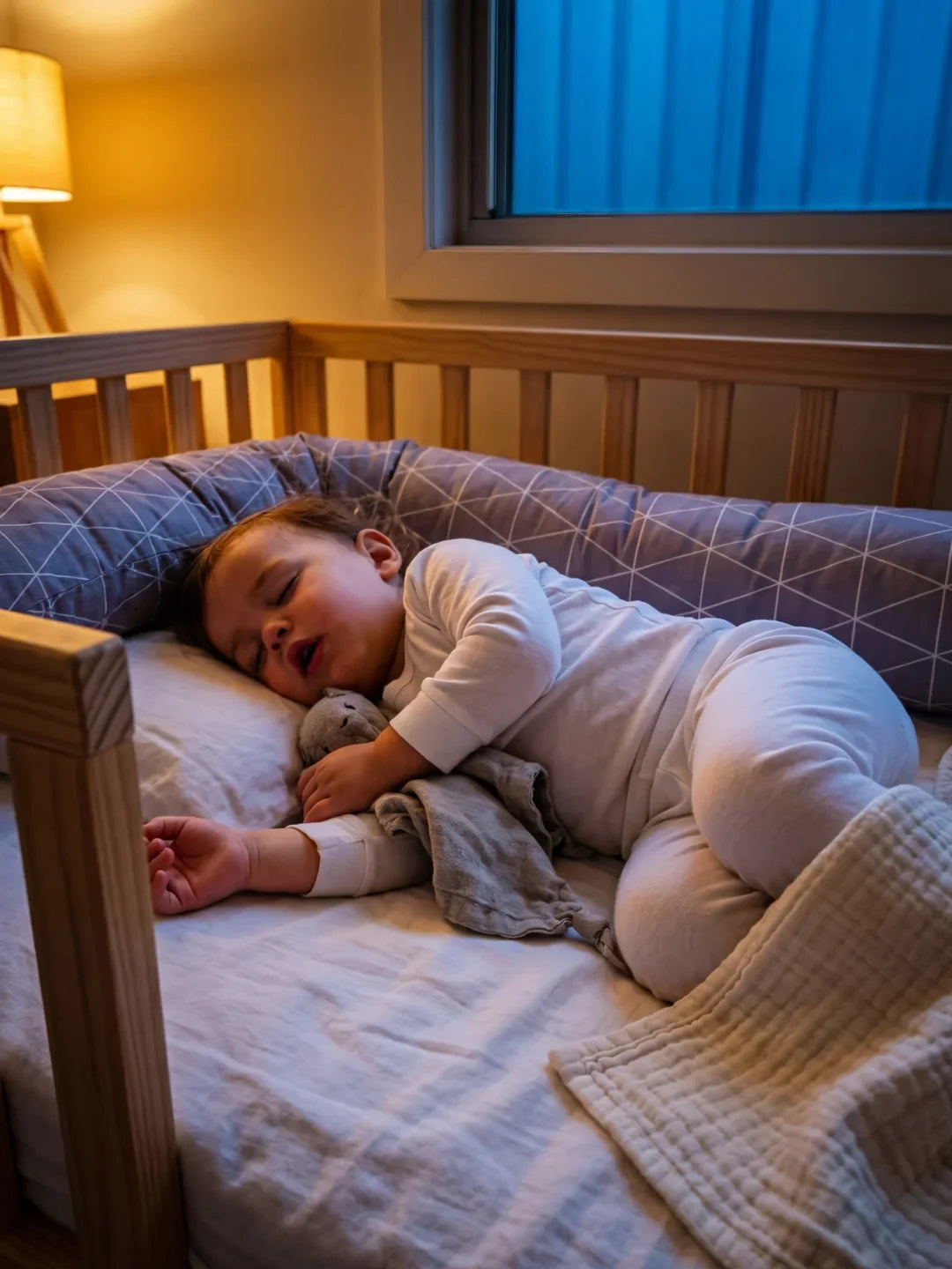 Enfant endormi contre tour de lit traversin géométrique gris dans lit bois