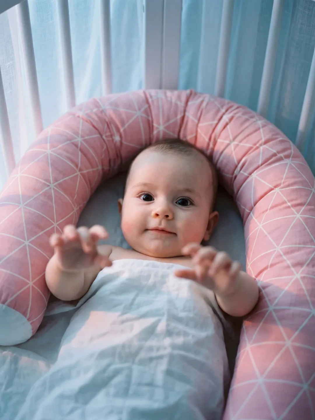 Bébé couché dans lit entouré du tour de lit traversin géométrique rose