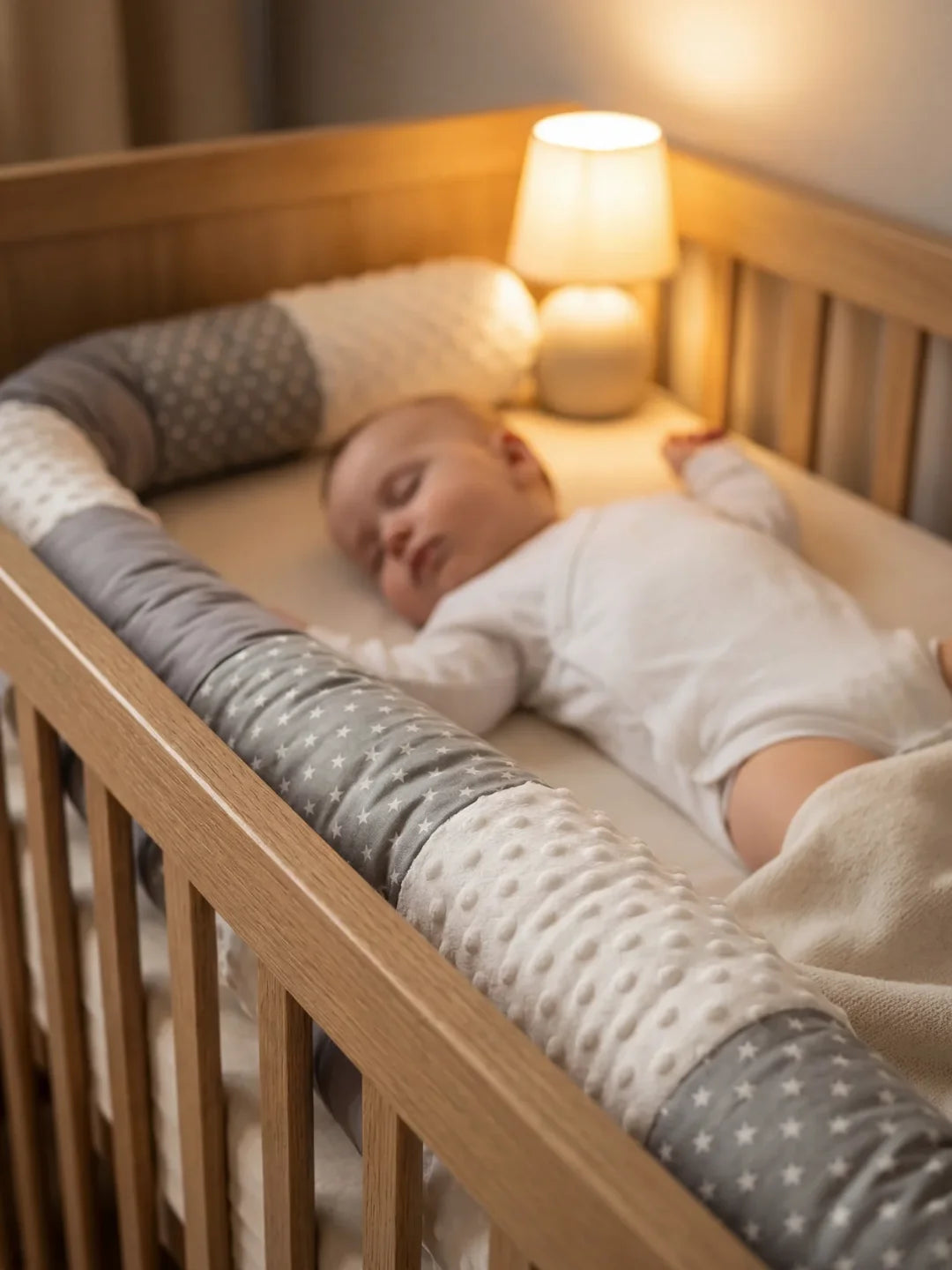 Bébé endormi dans lit avec tour de lit traversin velours gris et minky blanc
