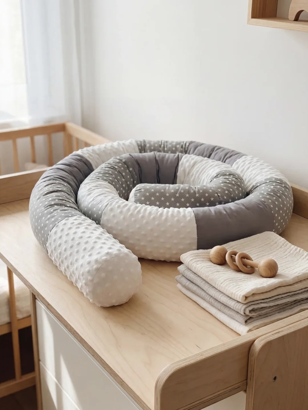 Tour de lit traversin velours gris posé sur commode dans chambre bébé naturelle