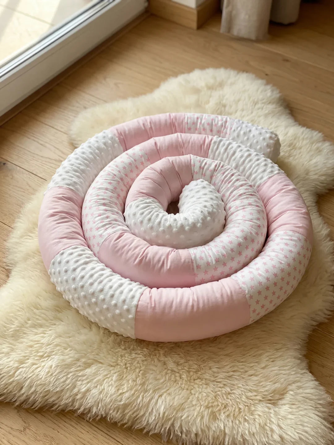 Tour de lit traversin velours minky rose et blanc enroulé en spirale sur peau de mouton