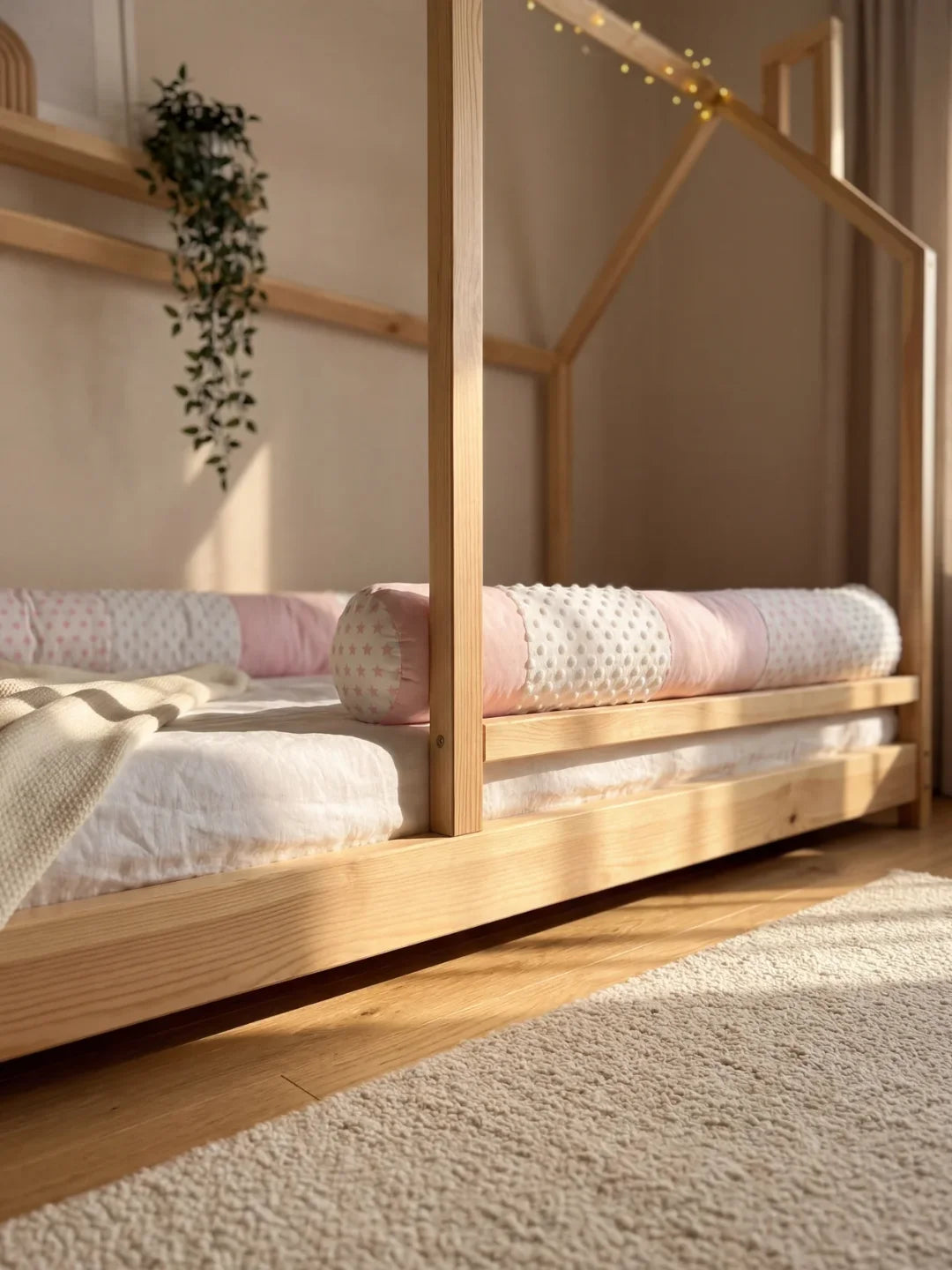 Détail tour de lit traversin velours rose patchwork dans lit cabane bois naturel