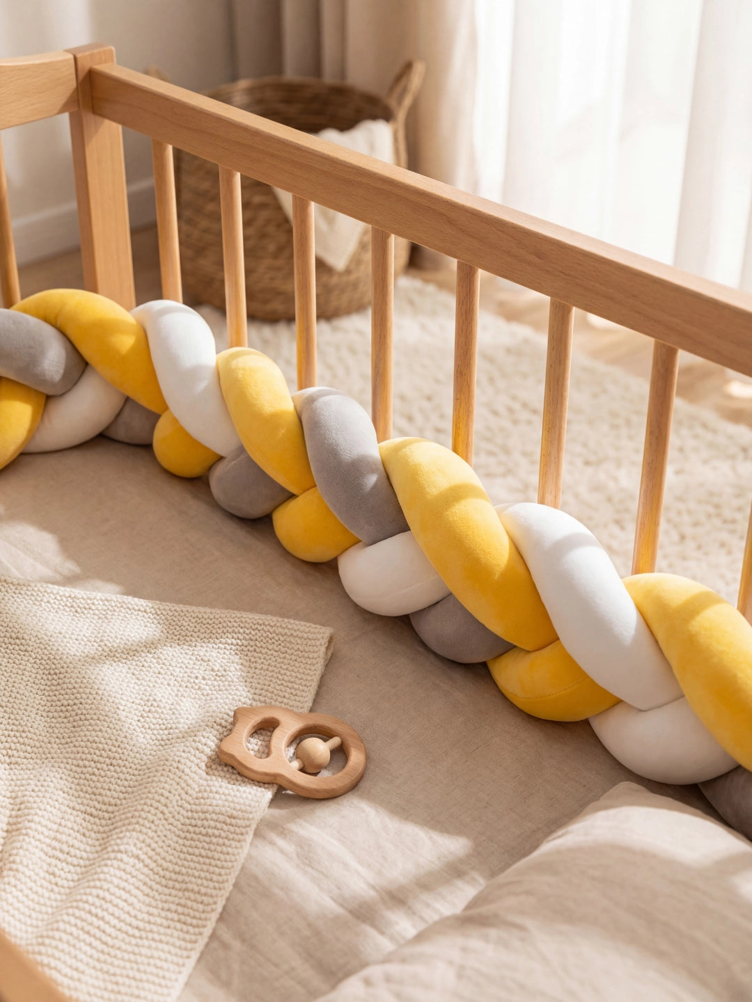 Vue de dessus d'un tour de lit tressé gris, jaune et blanc protégeant les barreaux du berceau avec un anneau de dentition.
