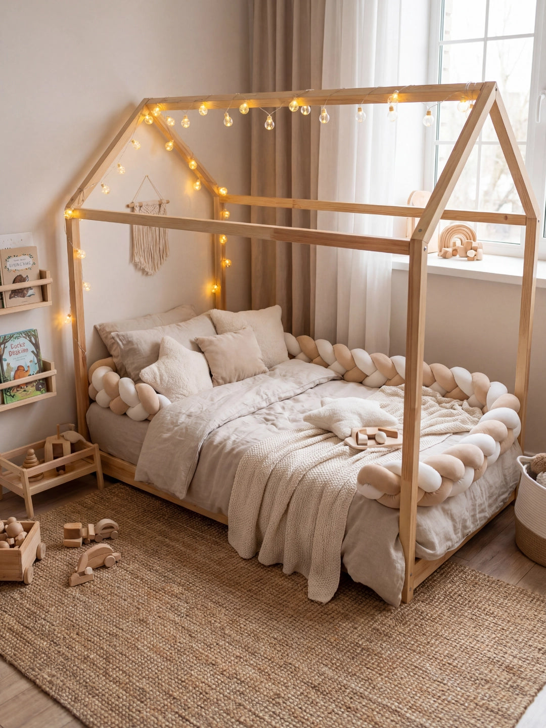 Gros plan (zoom) sur la texture douce en velours d'une tresse de lit beige et blanche enroulée.