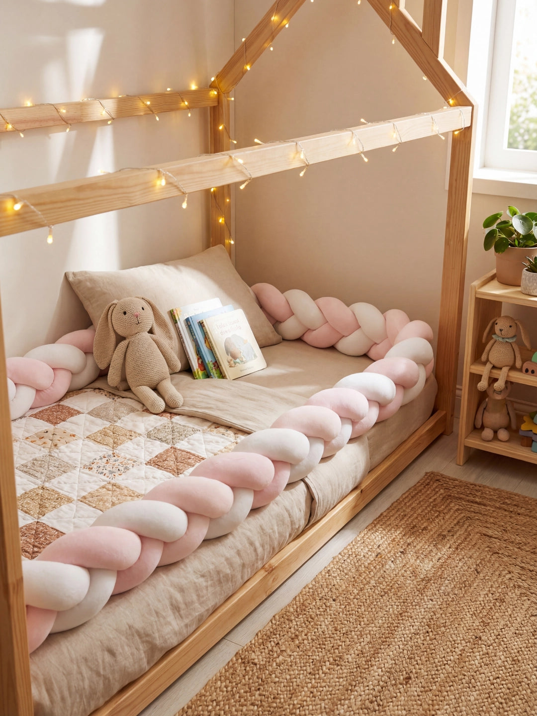 Tour de lit tressé rose pastel et blanc utilisé en décoration dans une chambre de fille aux tons naturels.