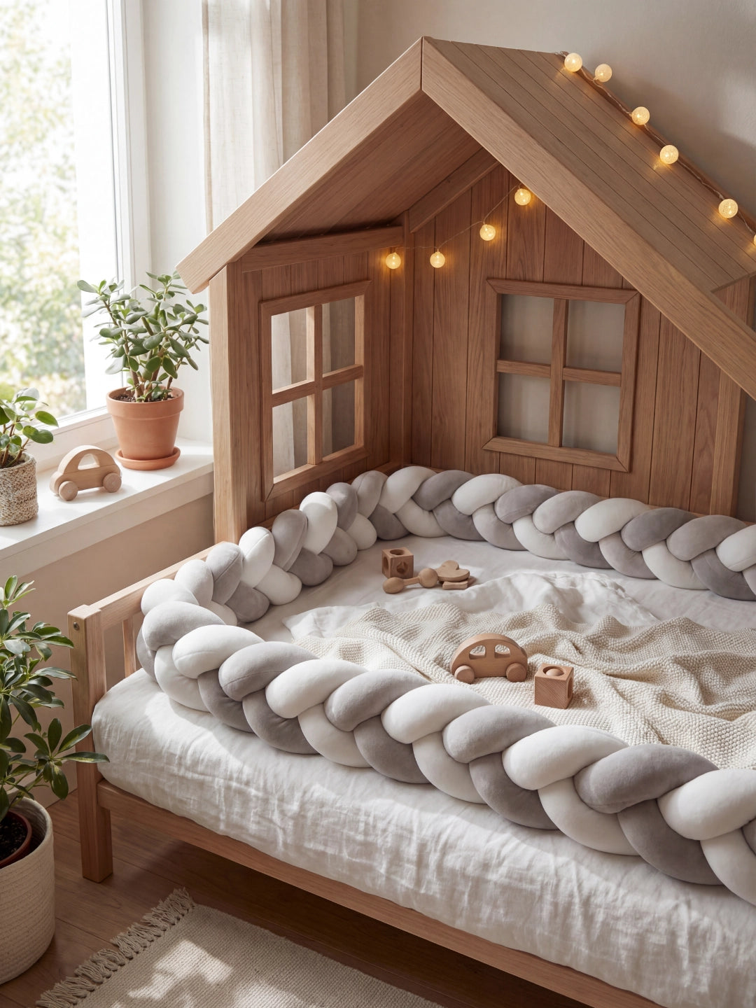 Tour de lit tressé gris et blanc installé tout autour d'un lit cabane en bois pour la sécurité de l'enfant