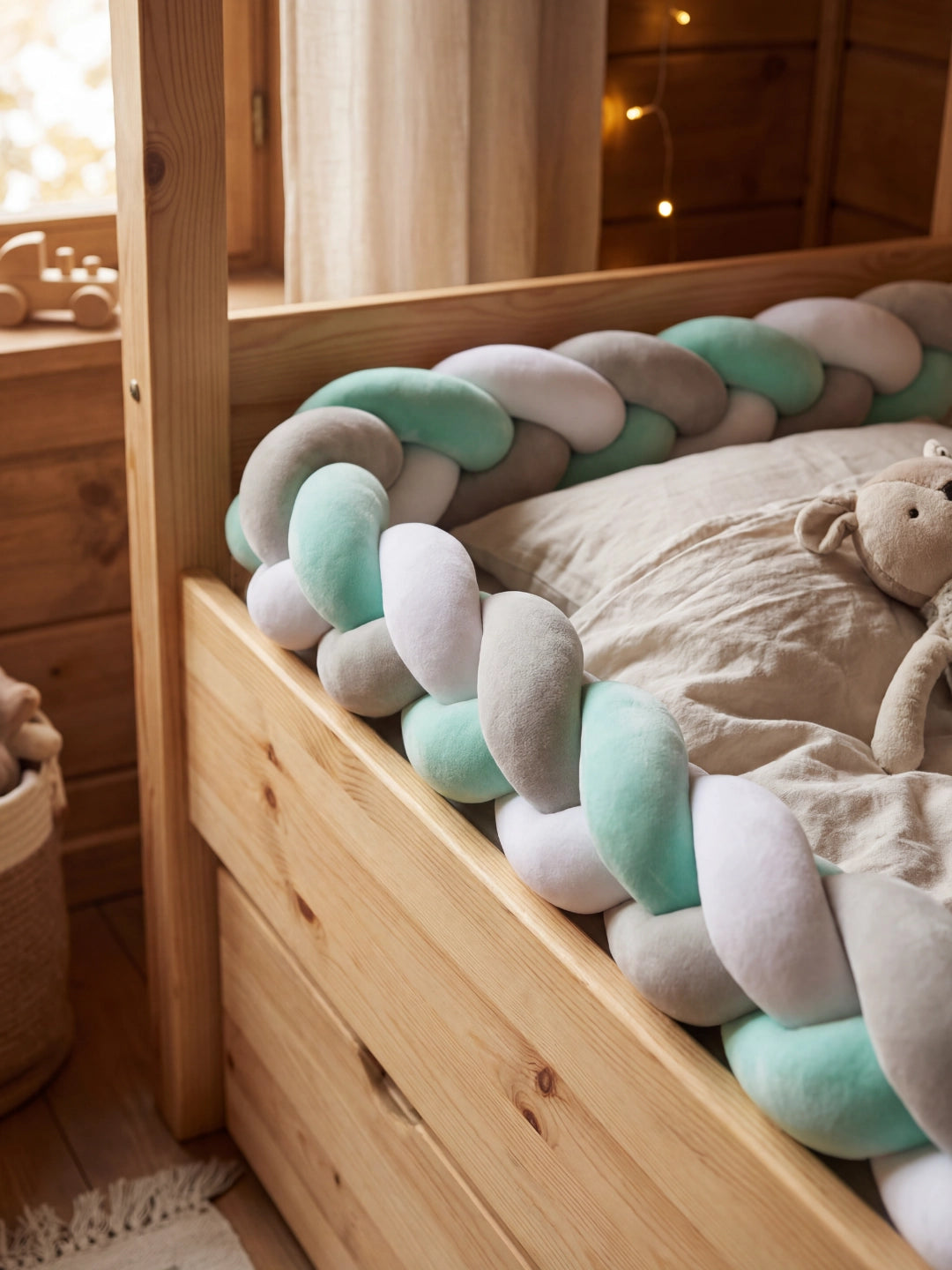 Détail d'un tour de lit tressé vert menthe et gris installé contre les parois d'un lit en bois naturel.