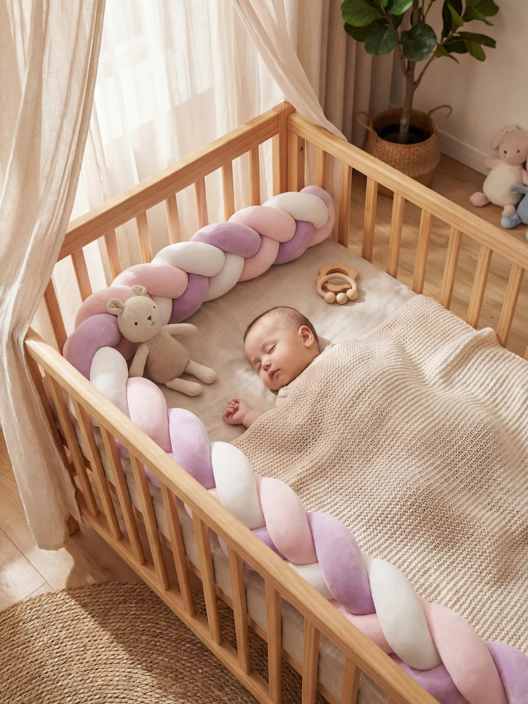 Tour de lit tressé violet, rose et blanc installé dans un berceau en bois pour protéger le sommeil de bébé.