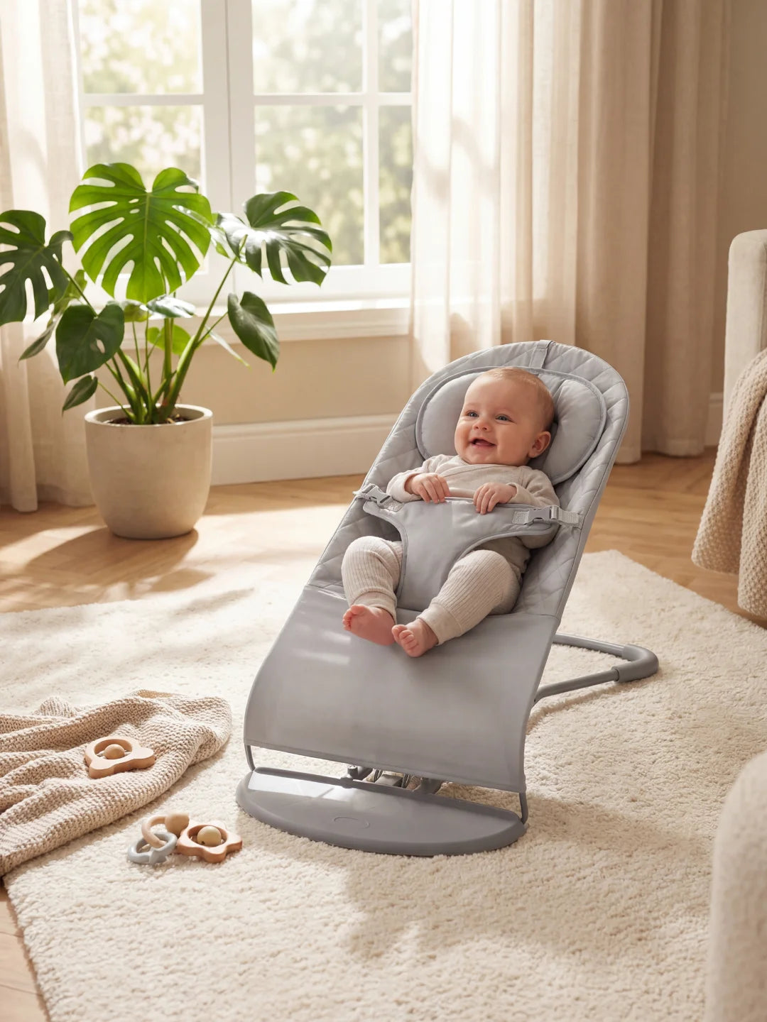 Bébé s'amusant dans un transat gris face à une fenêtre ensoleillée, ambiance intérieure naturelle et épurée.
