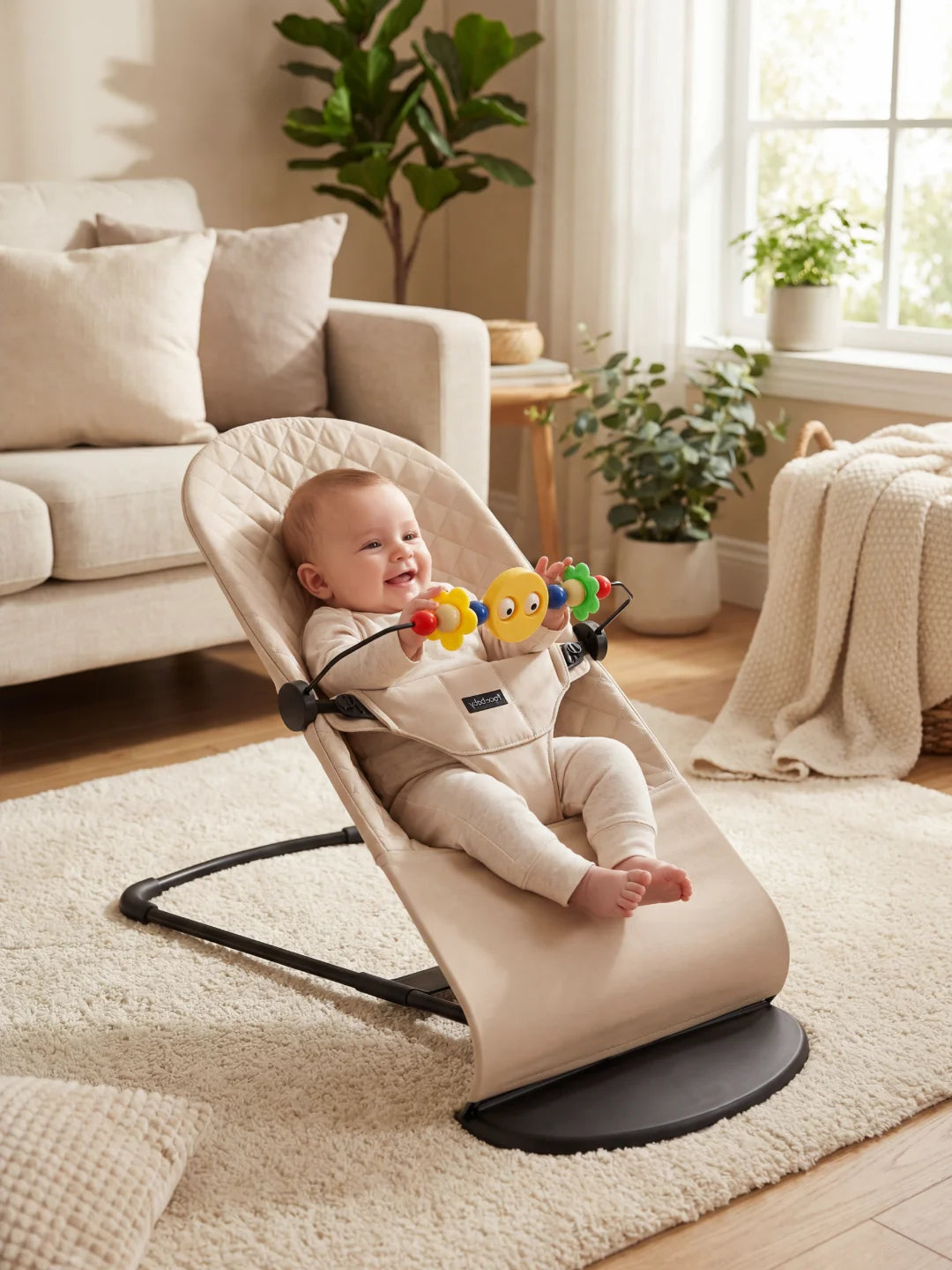 Bébé souriant dans un transat matelassé beige avec arche de jeux, installé dans un salon moderne et lumineux.