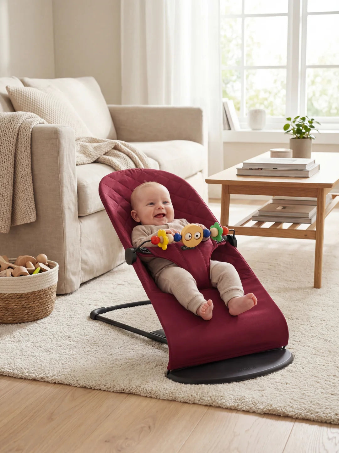 Bébé souriant assis dans un transat ergonomique bordeaux, jouant avec les fleurs colorées d'une arche d'éveil.