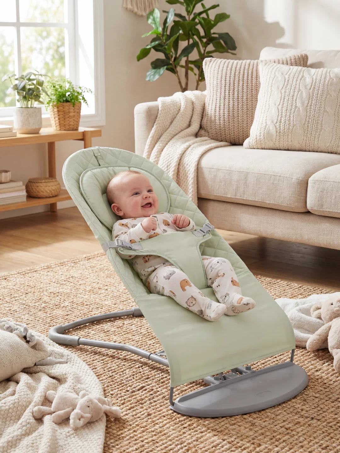Bébé souriant installé dans un transat ergonomique vert sauge sur un tapis en jute dans un salon lumineux.