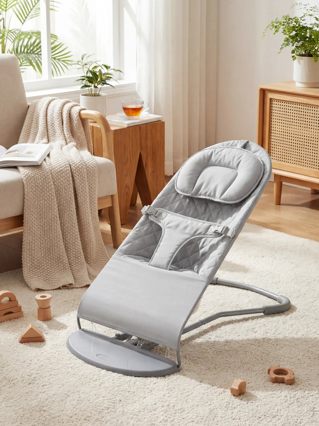 Transat bébé gris vide avec coussin cale-tête installé dans un salon cosy à côté d'un canapé et de jouets en bois.