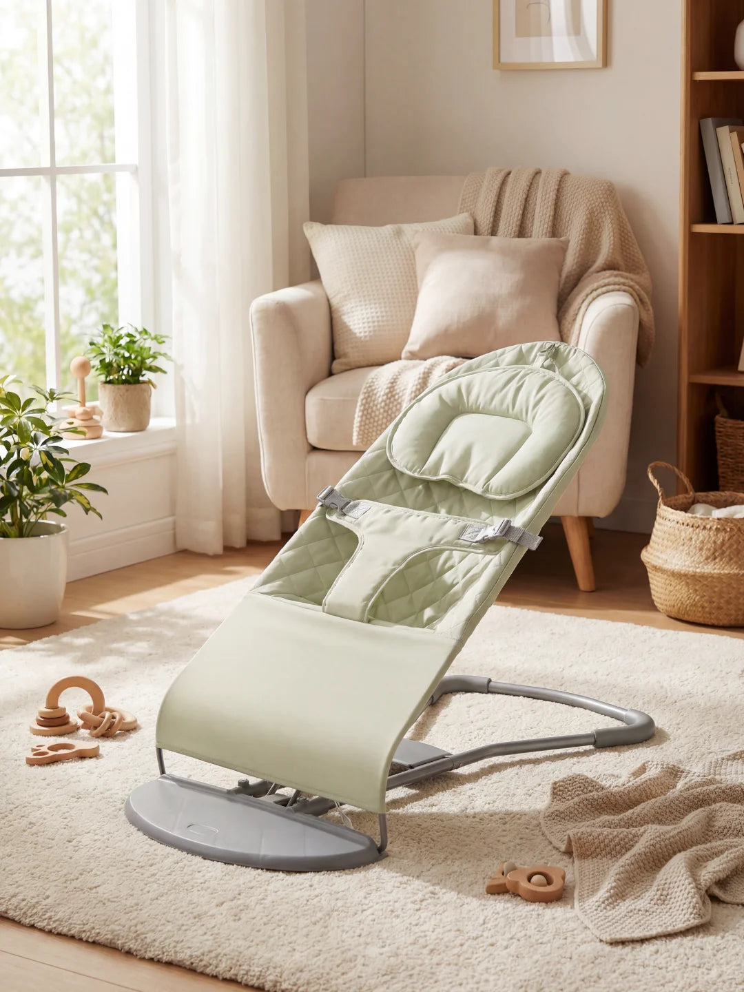 Transat pour bébé vert sauge vide posé sur un tapis blanc dans une chambre d'enfant au style naturel.