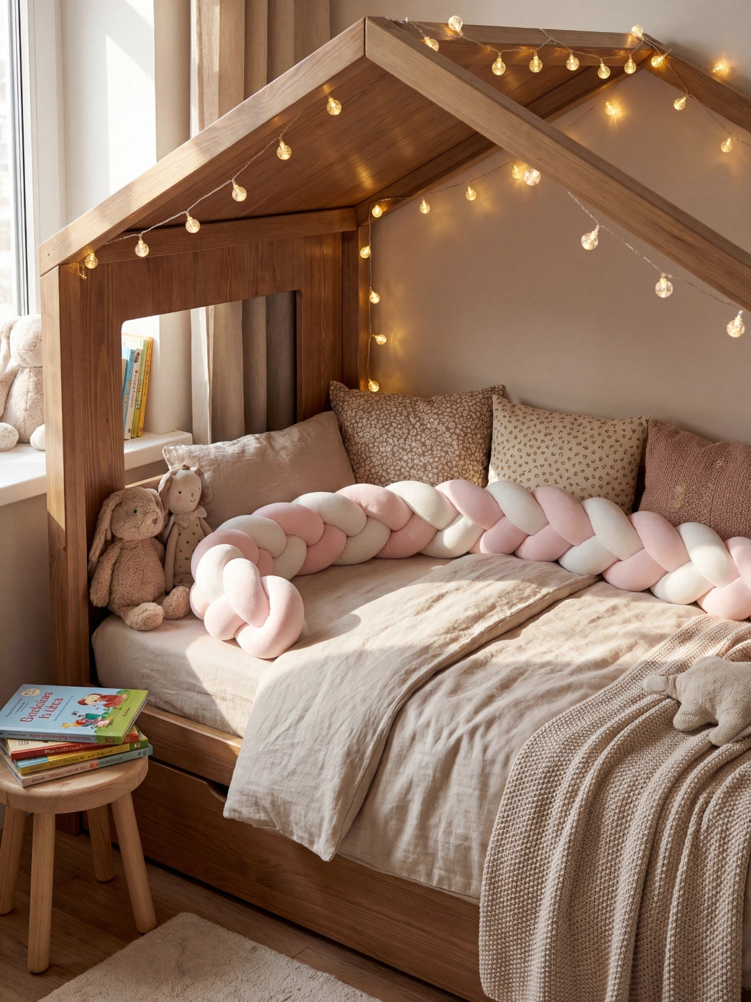 Tresse de lit bicolore rose et blanc installée dans un lit cabane en bois décoré de guirlandes lumineuses.