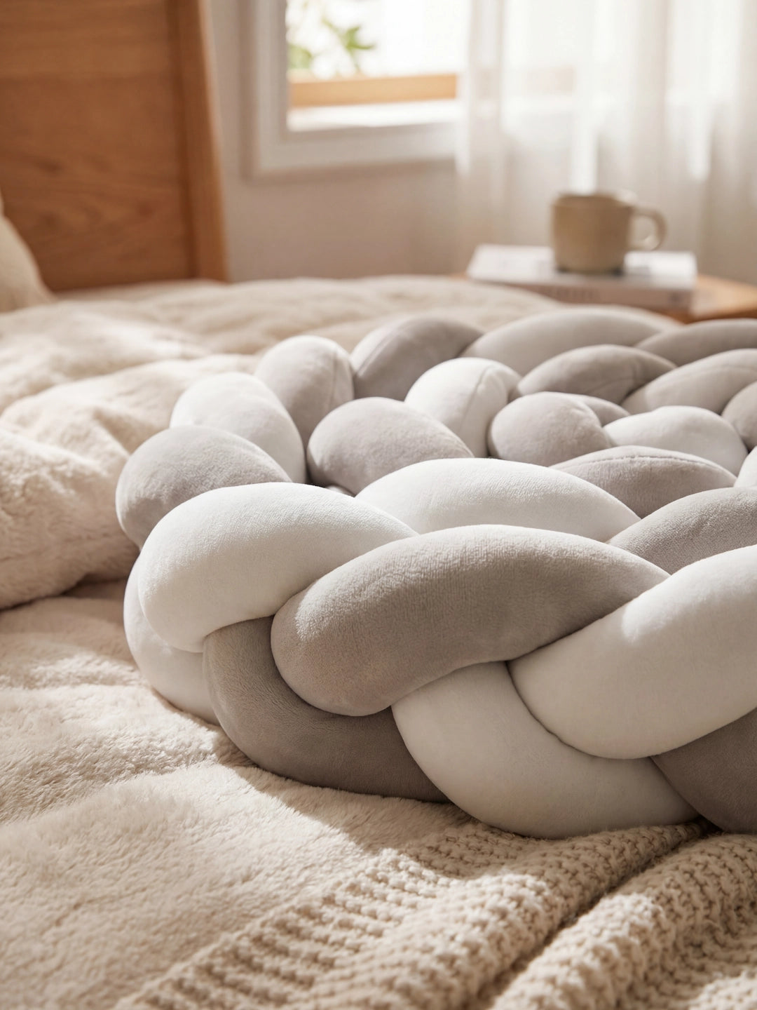 Gros plan sur la matière douce en velours d'une tresse de lit grise et blanche enroulée en boule.