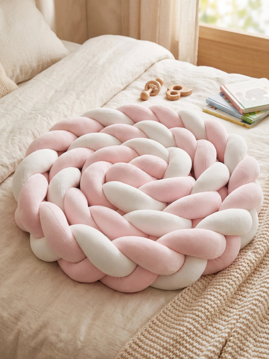 Grande tresse de lit modulable entièrement enroulée formant un coussin rond décoratif sur le lit.