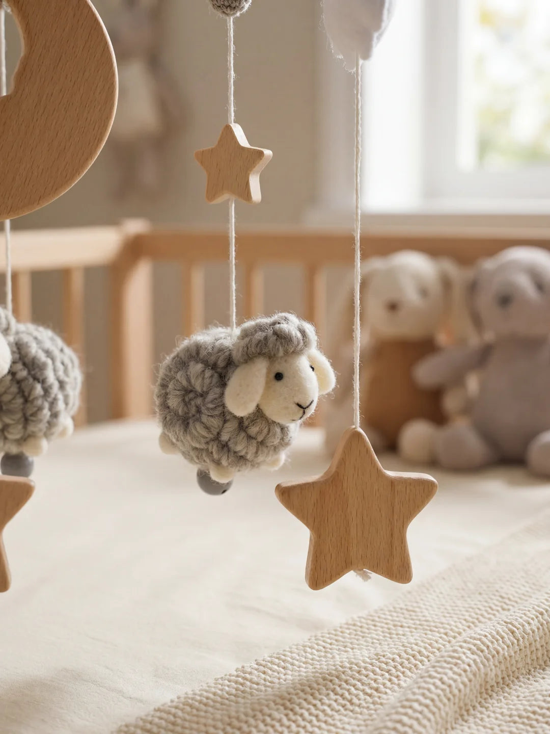 Détail d'un petit mouton gris et d'une étoile suspendue d'un mobile artisanal pour enfant.