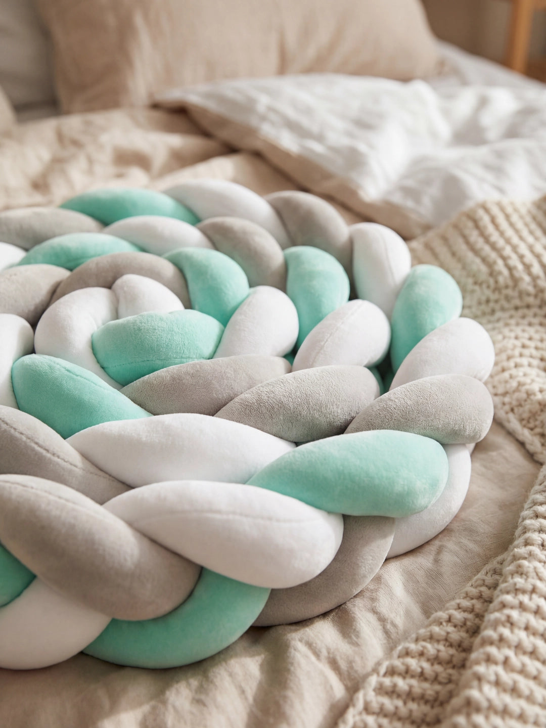 Gros plan sur la texture douce d'un coussin tressé rond vert d'eau, idéal pour une décoration de chambre apaisante.