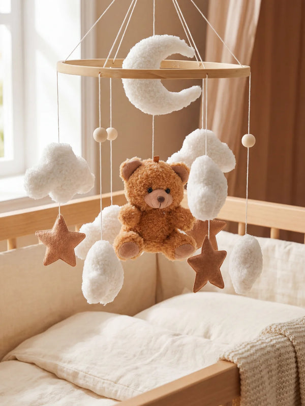 Mobile bébé, Nounours, mobile en bois et tissu à suspendre au dessus du lit