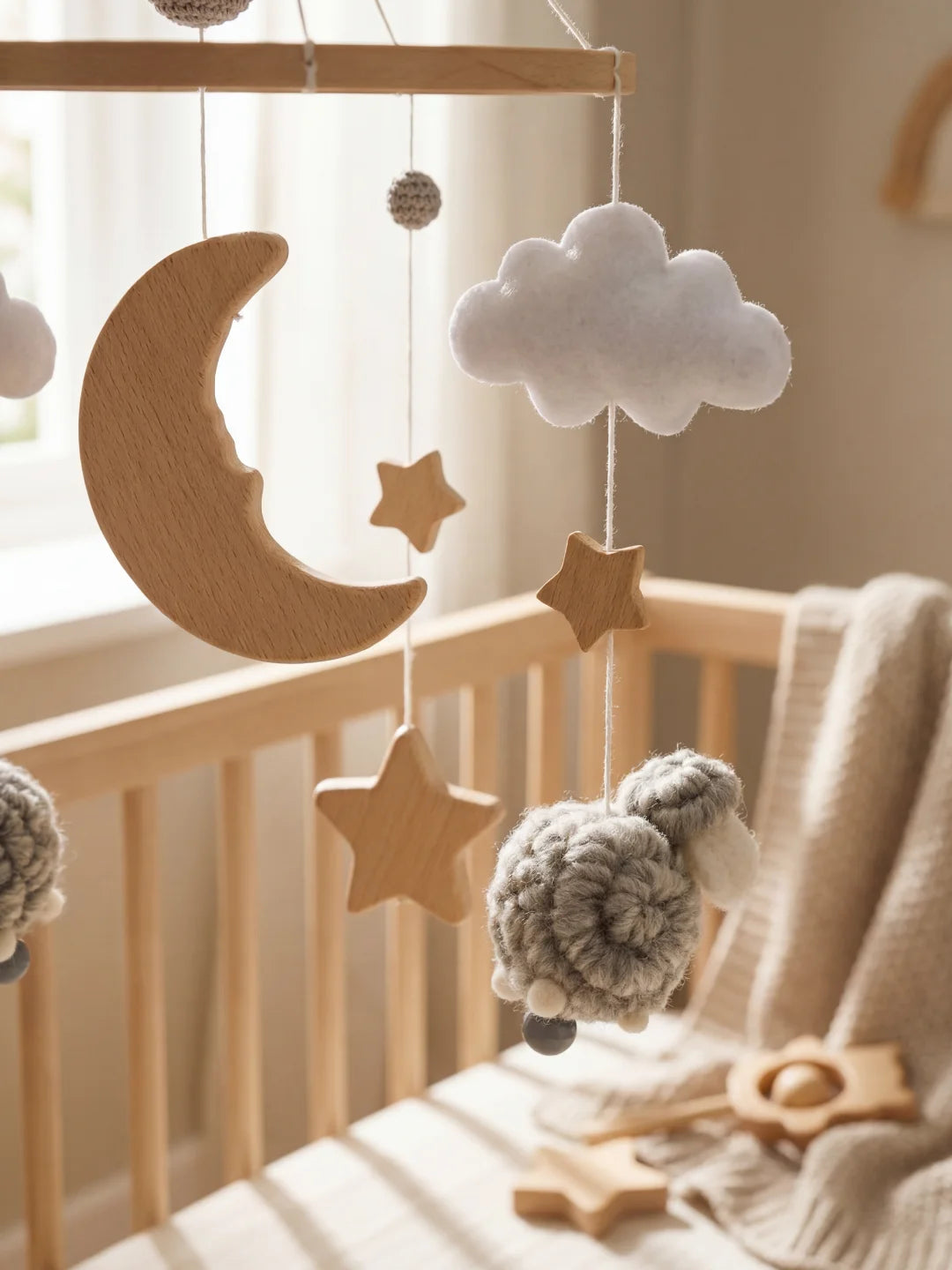 Gros plan sur la texture d'un mouton en laine bouclée grise et une étoile en bois de mobile bébé.